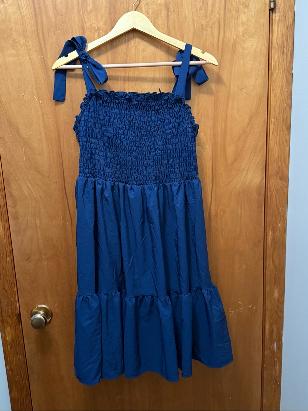 Navy Tie-Shoulder Smocked Sundress